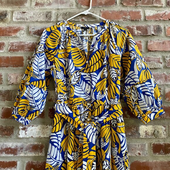 Talbots, YellowBlueWhite Dress, Button Front, Pockets, Waist Tie, Size 8P, NEW! - Picture 2 of 12